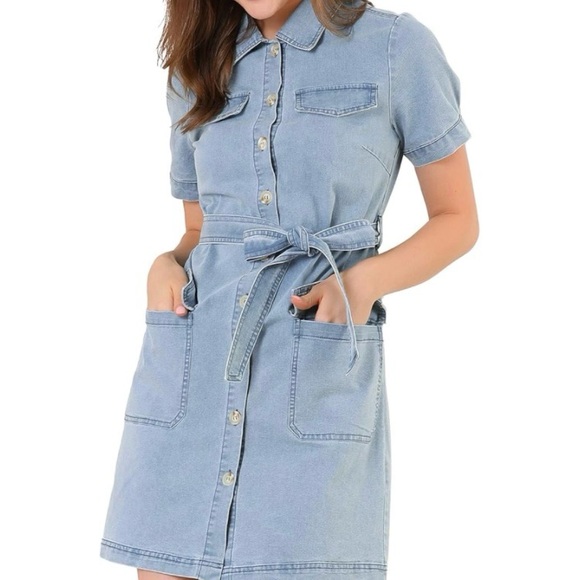 NEW Denim Light Blue Belted Shirtdress Western Cowgirl Chambray Jean Dress Large - Picture 12 of 16